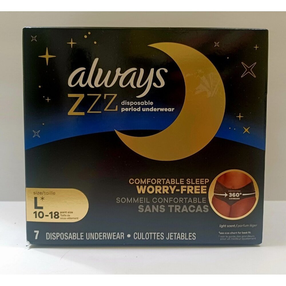 Always ZZZ 7 pack Period Underwear Disposable.  L/XL,